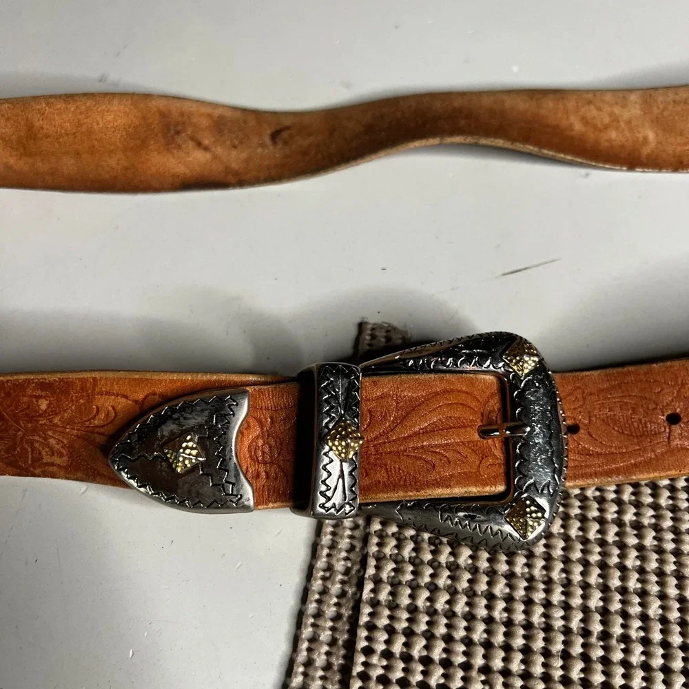 Western Floral Tooled Leather Belt Silver Gold Engraved Buckle Tip Tan 30 32